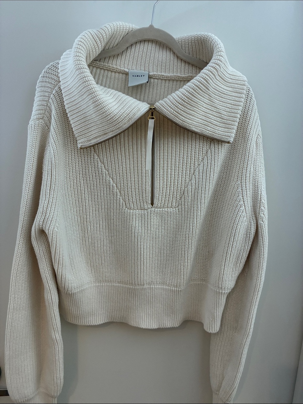 Varley Mentone Cream Cptton Zip-Front Ribbed Turtleneck Sweater Large